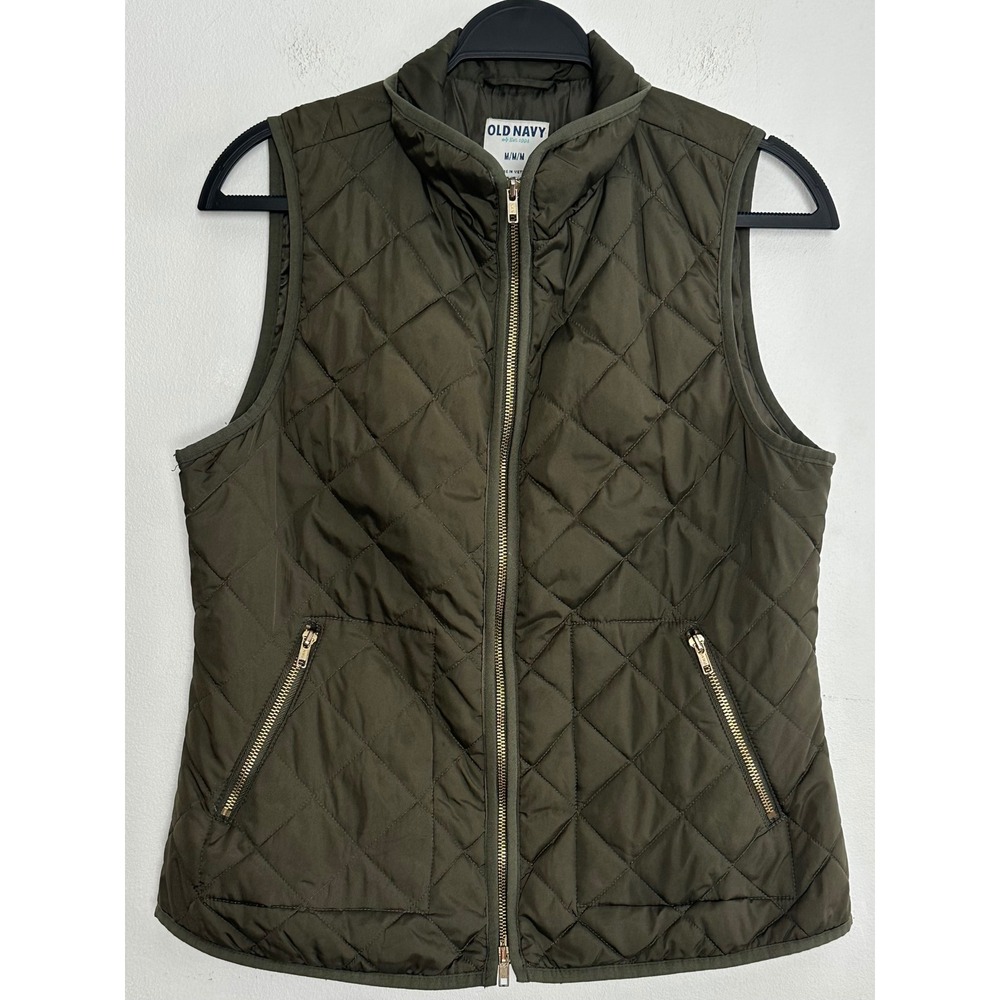 Old Navy Womens Quilted Puffer Vest Olive Green Full Zip Size Medium